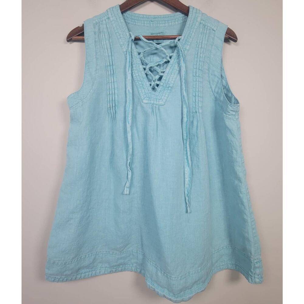 Artisan NY Womens S 100% Linen Blue Sleeveless Tunic Top Lace Up